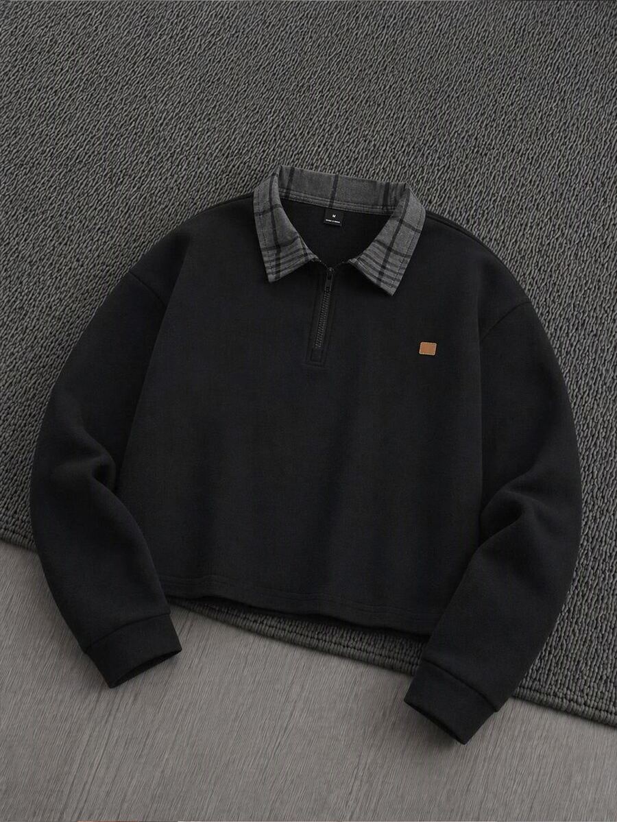 Mainfolk Men's Casual Standard Size Black Pullover Sweatshirt With Embroidered Collar, Spring/Autumn - Black - View 1