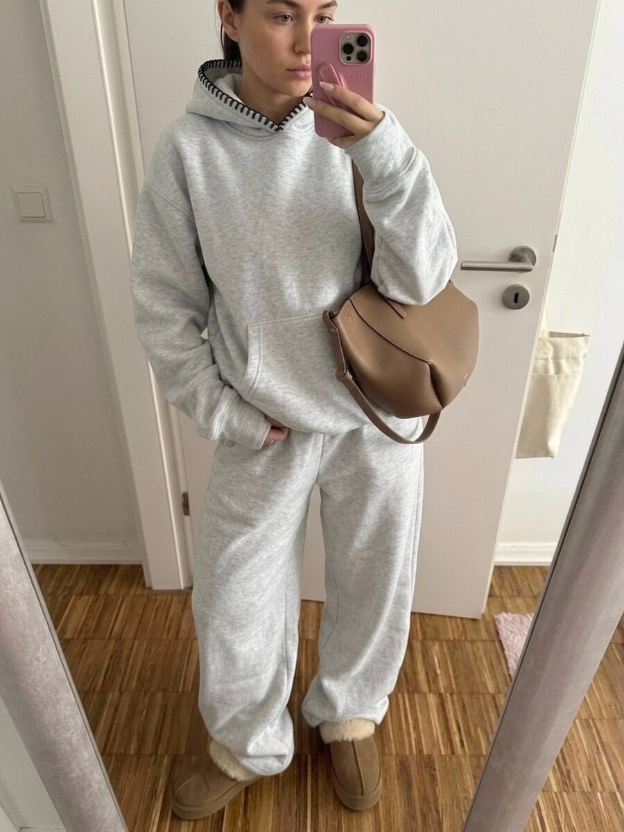 CovetEZ 2件組女款純色時尚極簡休閒連帽衛衣運動長褲套裝 居家旅行灰色秋季 - 灰色 - 查看 1