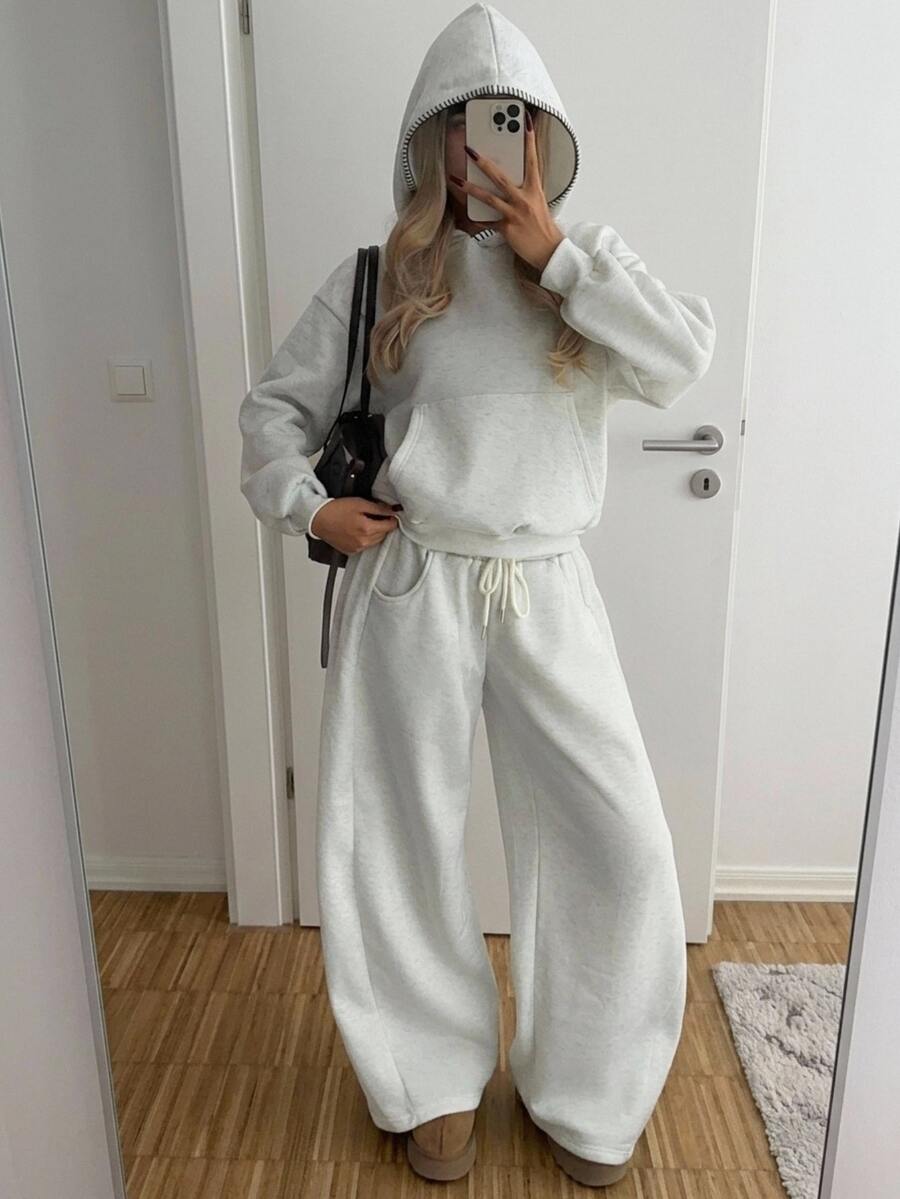CovetEZ 2 Set Women's Solid Color Fashion Minimalist Casual Hoodie Sweatpants Two Pieces Set Lounge Travel Grey Fall - Grey - View 1