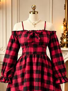 Rometta Plus Size Women's Plaid Cold Shoulder Pleated Casual Daily Dress Christmas - Multicolor - View 6