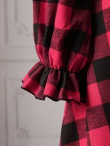 Rometta Plus Size Women's Plaid Cold Shoulder Pleated Casual Daily Dress Christmas - Multicolor - View 4