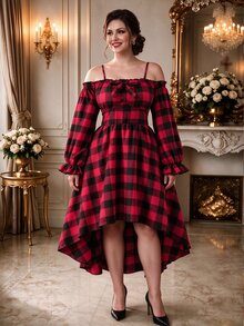 Rometta Plus Size Women's Plaid Cold Shoulder Pleated Casual Daily Dress Christmas - Multicolor - View 1
