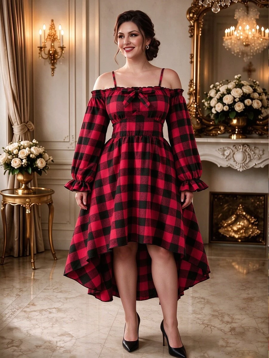 Rometta Plus Size Women's Plaid Cold Shoulder Pleated Casual Daily Dress Christmas - Multicolor - View 1
