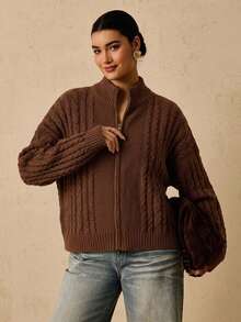 Freevana Plus Size Women's Cozy Warm Fuzzy Crochet Zip-Up Cardigan Sweater Jacket For Vacation, Casual Home Wear, Autumn Winter - Coffee Brown - View 3