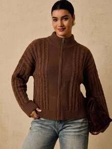 Freevana Plus Size Women's Cozy Warm Fuzzy Crochet Zip-Up Cardigan Sweater Jacket For Vacation, Casual Home Wear, Autumn Winter - Coffee Brown - View 4