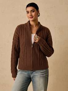 Freevana Plus Size Women's Cozy Warm Fuzzy Crochet Zip-Up Cardigan Sweater Jacket For Vacation, Casual Home Wear, Autumn Winter - Coffee Brown - View 6