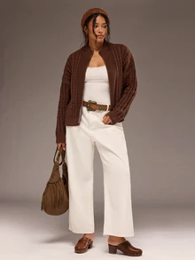 Freevana Plus Size Women's Cozy Warm Fuzzy Crochet Zip-Up Cardigan Sweater Jacket For Vacation, Casual Home Wear, Autumn Winter - Coffee Brown - View 7