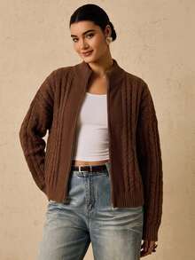 Freevana Plus Size Women's Cozy Warm Fuzzy Crochet Zip-Up Cardigan Sweater Jacket For Vacation, Casual Home Wear, Autumn Winter - Coffee Brown - View 1