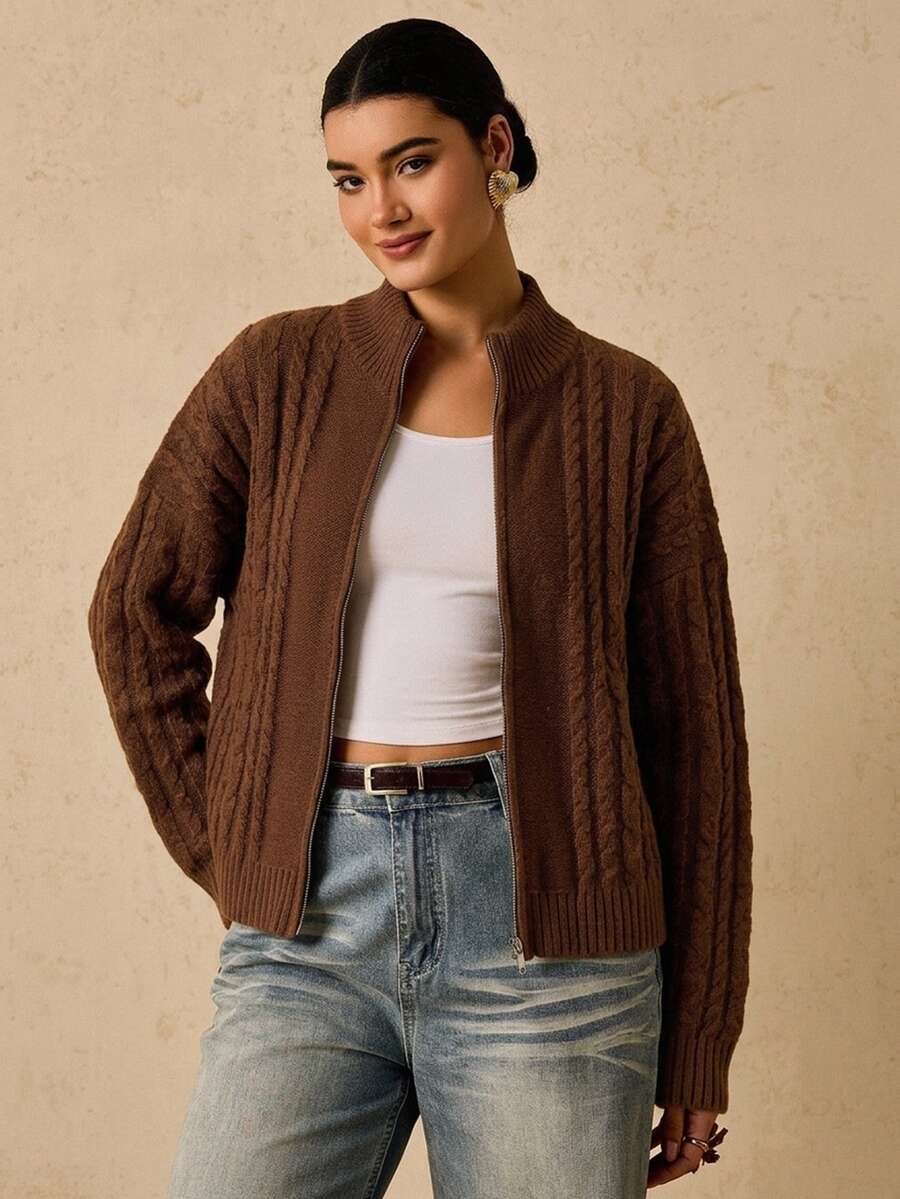 Freevana Plus Size Women's Cozy Warm Fuzzy Crochet Zip-Up Cardigan Sweater Jacket For Vacation, Casual Home Wear, Autumn Winter - Coffee Brown - View 1