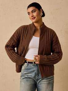 Freevana Plus Size Women's Cozy Warm Fuzzy Crochet Zip-Up Cardigan Sweater Jacket For Vacation, Casual Home Wear, Autumn Winter - Coffee Brown - View 5
