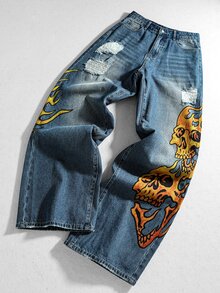 ROMWE MEN Nostalgic Vintage Washed Denim Fashion Distressed Printed Casual Men's Jeans - Blue - View 1