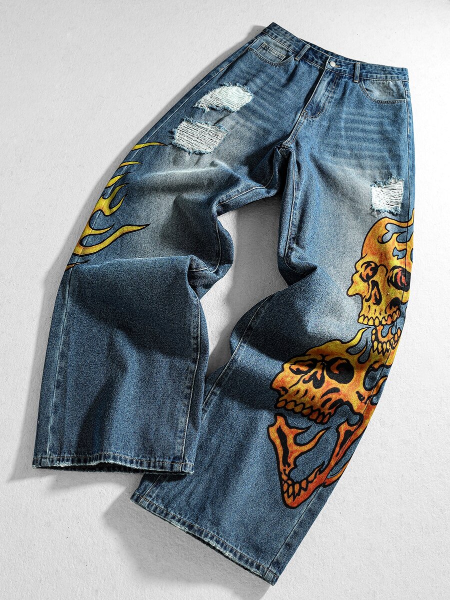 ROMWE MEN Nostalgic Vintage Washed Denim Fashion Distressed Printed Casual Men's Jeans - Blue - View 1