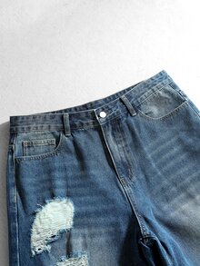 ROMWE MEN Nostalgic Vintage Washed Denim Fashion Distressed Printed Casual Men's Jeans - Blue - View 7