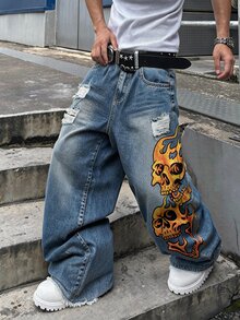 ROMWE MEN Nostalgic Vintage Washed Denim Fashion Distressed Printed Casual Men's Jeans - Blue - View 5