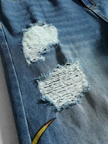 ROMWE MEN Nostalgic Vintage Washed Denim Fashion Distressed Printed Casual Men's Jeans - Blue - View 4