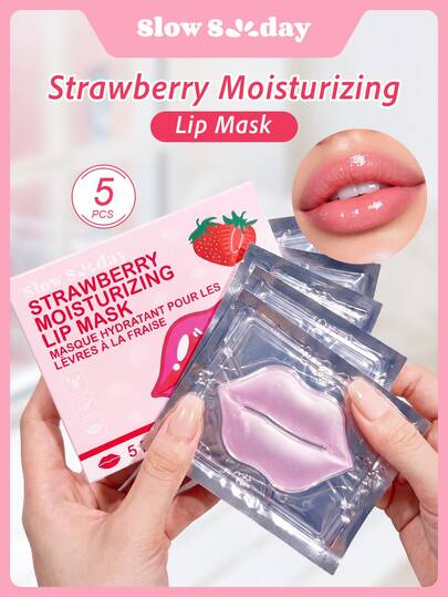 SlowSunday Strawberry Moisturizing Lip Mask 5pcs, Jelly-Like Hydrogel, Silky-Smooth Hydration, For Daily Lip Care, Lip Primer, Overnight Lip Care, Improves Lip Lines & Plumping, Korean Skincare, Y2K, For Fall & Winter, Halloween & Christmas