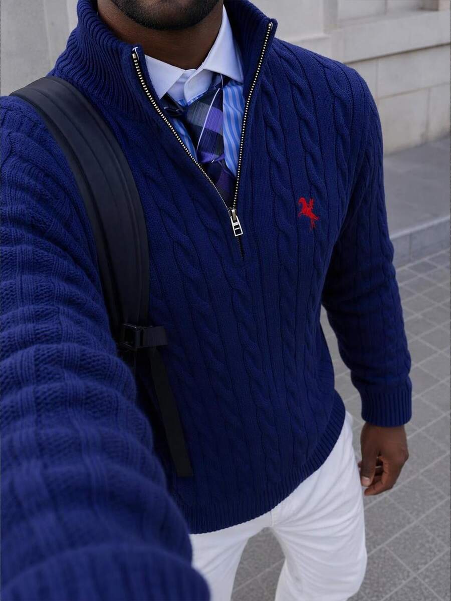Mainfolk 男士針織時尚日常青年休閒寬鬆長袖毛衣,適合萬聖節、聖誕節、冬季派對與秋季穿著 - 藏蓝色 - 查看 1