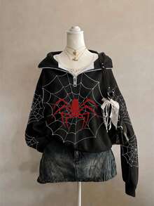 SHEIN EZwear 女款休閒半拉鍊小立領寬鬆衛衣，蜘蛛印花，女款秋冬服飾，女款秋季服飾，冬季服飾，2026秋冬，休閒，Y2K，女款通勤穿搭，基礎款，牛仔女郎，復古，返校，外出，學校 - 彩色 - 查看 1