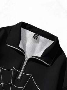 SHEIN EZwear 女款休閒半拉鍊小立領寬鬆衛衣，蜘蛛印花，女款秋冬服飾，女款秋季服飾，冬季服飾，2026秋冬，休閒，Y2K，女款通勤穿搭，基礎款，牛仔女郎，復古，返校，外出，學校 - 彩色 - 查看 6