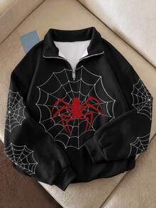 SHEIN EZwear 女款休閒半拉鍊小立領寬鬆衛衣，蜘蛛印花，女款秋冬服飾，女款秋季服飾，冬季服飾，2026秋冬，休閒，Y2K，女款通勤穿搭，基礎款，牛仔女郎，復古，返校，外出，學校 - 彩色 - 查看 9