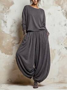 SHEIN Autumn/Winter 2 Pieces Set Home Casual Boho Elegant Outing Set Comfortable Fabric Basic T-Shirt And Casual Long Pants Lounge Travel Light Grey - Dark Grey - View 4