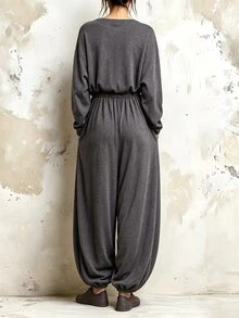 SHEIN Autumn/Winter 2 Pieces Set Home Casual Boho Elegant Outing Set Comfortable Fabric Basic T-Shirt And Casual Long Pants Lounge Travel Light Grey - Dark Grey - View 3