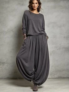 SHEIN Autumn/Winter 2 Pieces Set Home Casual Boho Elegant Outing Set Comfortable Fabric Basic T-Shirt And Casual Long Pants Lounge Travel Light Grey - Dark Grey - View 2