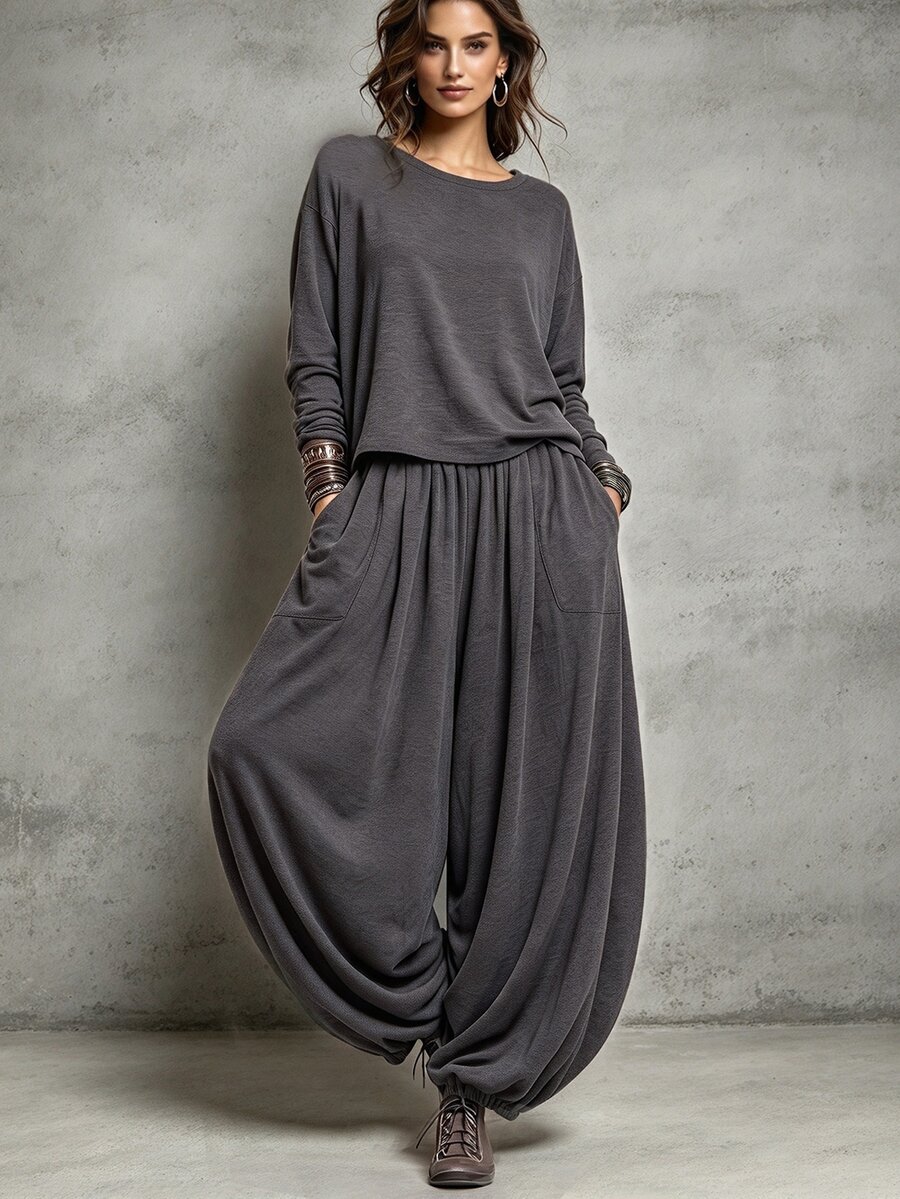 SHEIN Autumn/Winter 2 Pieces Set Home Casual Boho Elegant Outing Set Comfortable Fabric Basic T-Shirt And Casual Long Pants Lounge Travel Light Grey