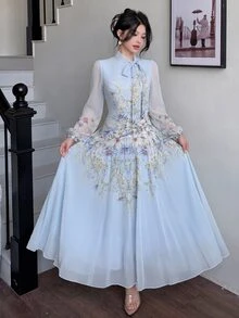 Modelyn Tie-Waist Ruched Placement Print Flared Long Sleeve Dress For Women - Blue - View 8