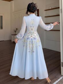 Modelyn Tie-Waist Ruched Placement Print Flared Long Sleeve Dress For Women - Blue - View 2