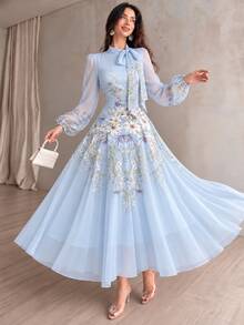 Modelyn Tie-Waist Ruched Placement Print Flared Long Sleeve Dress For Women - Blue - View 1