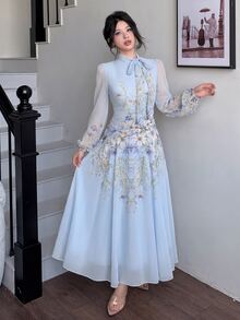 Modelyn Tie-Waist Ruched Placement Print Flared Long Sleeve Dress For Women - Blue - View 5