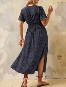 Roveilla Plus Size Women's Summer Holiday Ditsy Floraled Overlapping V-Neck Ruffle Short Sleeve Dress Beach Vacation Formal Navy Blue Boho Bohemian Casual - Black - View 4