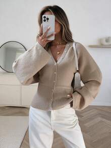 Serisse Women's Solid Color Button-Up Fitted Waist Knit Cardigan, Casual Everyday Wear, Autumn/Winter, New Year, Winter For Women, Sweaters, - Apricot - View 2