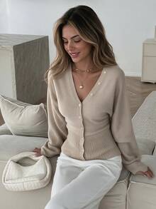 Serisse Women's Solid Color Button-Up Fitted Waist Knit Cardigan, Casual Everyday Wear, Autumn/Winter, New Year, Winter For Women, Sweaters, - Apricot - View 3