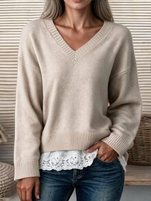 Breezaya Ladies' V-Neck Knitted Sweater, Pure Color Loose Long-Sleeved Pullover, With Patchwork Lace, Casual Basic Wear For Autumn And Winte - Khaki - View 5