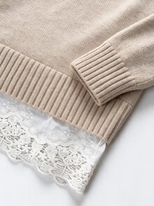 Breezaya Ladies' V-Neck Knitted Sweater, Pure Color Loose Long-Sleeved Pullover, With Patchwork Lace, Casual Basic Wear For Autumn And Winte - Khaki - View 7