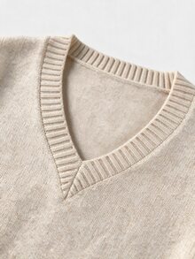 Breezaya Ladies' V-Neck Knitted Sweater, Pure Color Loose Long-Sleeved Pullover, With Patchwork Lace, Casual Basic Wear For Autumn And Winte - Khaki - View 6