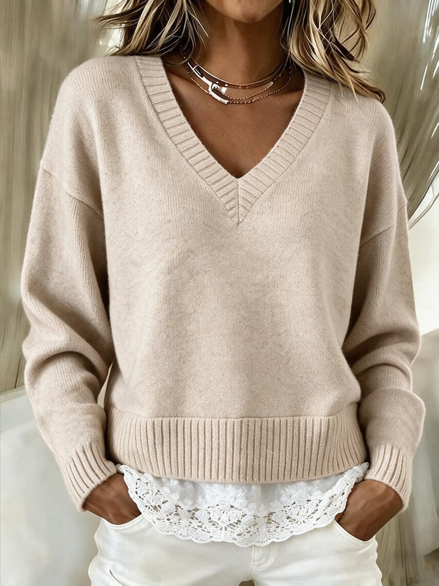 Breezaya Ladies' V-Neck Knitted Sweater, Pure Color Loose Long-Sleeved Pullover, With Patchwork Lace, Casual Basic Wear For Autumn And Winte - Khaki - View 1