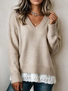 Breezaya Ladies' V-Neck Knitted Sweater, Pure Color Loose Long-Sleeved Pullover, With Patchwork Lace, Casual Basic Wear For Autumn And Winte - Khaki - View 4