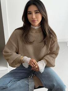 Livesso Autumn New Loose Casual Lace Patchwork Women Sweater - Brown - View 5