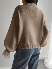 Livesso Autumn New Loose Casual Lace Patchwork Women Sweater - Brown - View 6