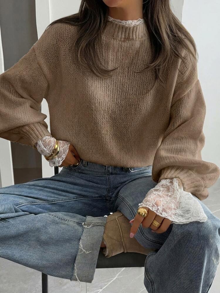 Livesso Autumn New Loose Casual Lace Patchwork Women Sweater - Brown - View 3