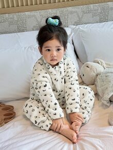 两件套女童米色豹纹抓绒长袖上衣和裤子套装，休闲时尚Polo领半拉链设计，适合室内外穿着，秋冬季节。 - 杏色 - 查看 6