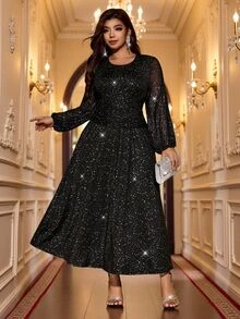 Elenzga Plus Size Women's Autumn Solid Color Silver Foil Polka Dot Knit Round Neck Ruched Waist Ruffle Hem Elegant Party Gathering Sleeveless Long Dress Fall - Black - View 3