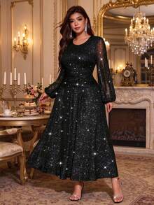 Elenzga Plus Size Women's Autumn Solid Color Silver Foil Polka Dot Knit Round Neck Ruched Waist Ruffle Hem Elegant Party Gathering Sleeveless Long Dress Fall - Black - View 7