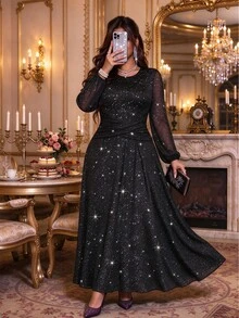 Elenzga Plus Size Women's Autumn Solid Color Silver Foil Polka Dot Knit Round Neck Ruched Waist Ruffle Hem Elegant Party Gathering Sleeveless Long Dress Fall - Black - View 1