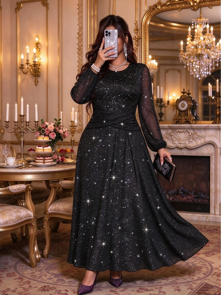 Elenzga Plus Size Women's Autumn Solid Color Silver Foil Polka Dot Knit Round Neck Ruched Waist Ruffle Hem Elegant Party Gathering Sleeveless Long Dress Fall - Black - View 1