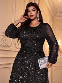 Elenzga Plus Size Women's Autumn Solid Color Silver Foil Polka Dot Knit Round Neck Ruched Waist Ruffle Hem Elegant Party Gathering Sleeveless Long Dress Fall - Black - View 4