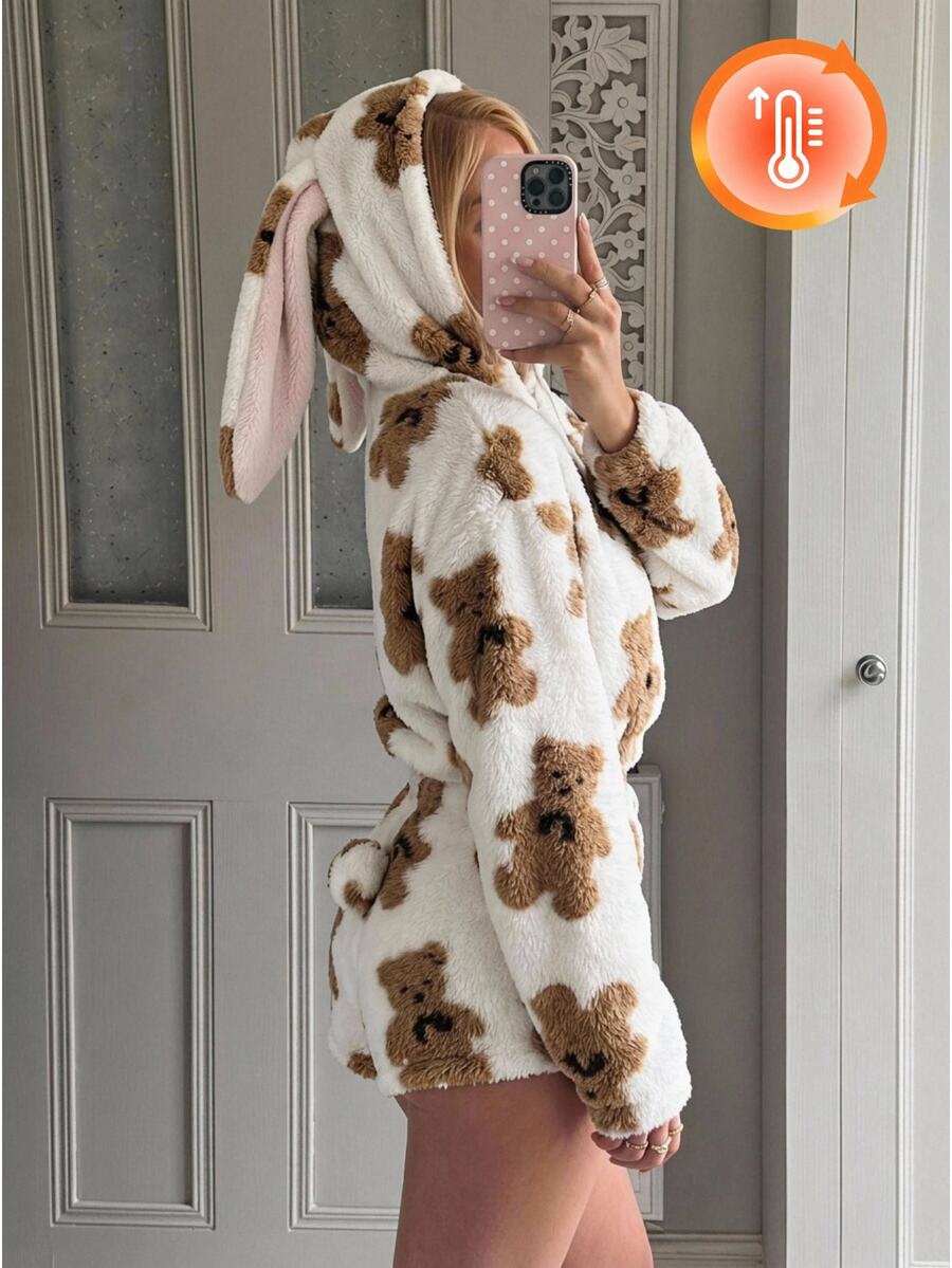CovetEZ 2 Set Women's Plush Zip-Up Hooded Top With Pockets And Cartoon Jacquard Shorts Set Sleep Home White Animal Print Fall Cute - White - View 1